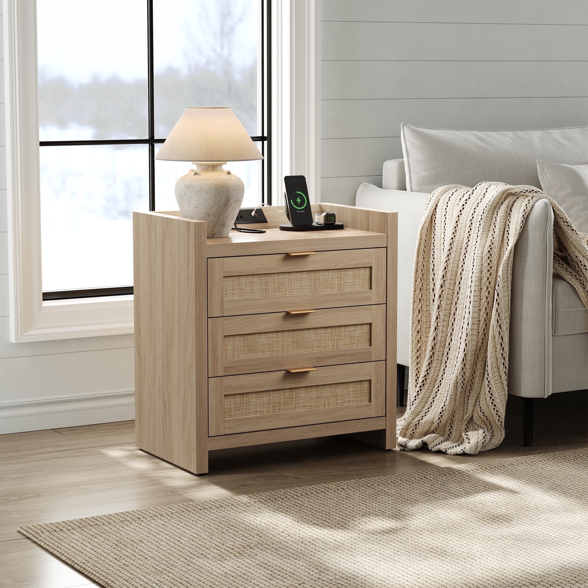 SICOTAS Boho Night Stands with Charging Station, Rattan Nightstands with Type-c Ports 26.57"H Tall Bed Side Table with 3 Drawers for Bedroom Enrtyway Livingroom,Light Oak