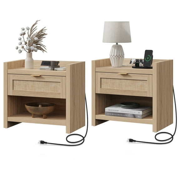 SICOTAS Set 2 Nightstands with Charging Station, Boho Bedside Table with Rattan Drawer, End Table for Bedroom Living Room,Light Oak