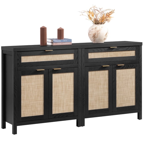 SICOTAS 30" Sideboards Buffets Cabinets with Drawer Set of 2, Boho Rattan Kitchen Storage Cabinets with Adjustable Shelves, Coffee Bar Station in Black