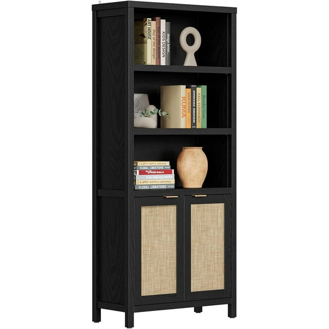 SICOTAS Bookcase 5 Tier Bookshelf Rattan Boho Tall Book Case Shelf with