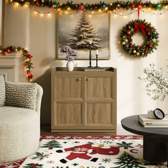 SICOTAS 33.7"W Sideboard Buffet Cabinet, Farmhouse Accent Cabinet with Doors and Adjustable Shelf, Small Modular Storage Cabinet for Entryway, Living Room, Kitchen, Brown Oak