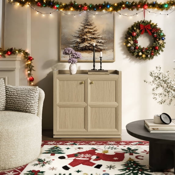 SICOTAS 33.7"W Sideboard Buffet Cabinet, Farmhouse Accent Cabinet with Doors and Adjustable Shelf, Small Modular Storage Cabinet for Entryway, Living Room, Kitchen, Light Brown Oak