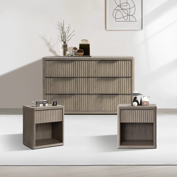 SICOTAS 3 Piece Farmhouse Bedroom Dresser and Nightstand Set, Fluted 6 Drawer Dresser, Nightstand Set of 2 with Drawer & Open Shelf for Living Room, Grey