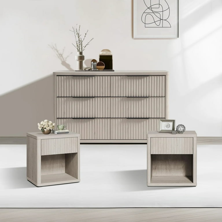 SICOTAS 3 Piece Farmhouse Bedroom Dresser and Nightstand Set, Fluted 6 Drawer Dresser, Nightstand Set of 2 with Drawer & Open Shelf for Living Room, Light Grey - Walmart.com SICOTAS 3 Piece Farmhouse Bedroom Dresser and Nightstand Set, Fluted 6 Drawer Dresser, Nightstand Set of 2 with Drawer & Open Shelf for Living Room, Light Grey - Walmart.com
