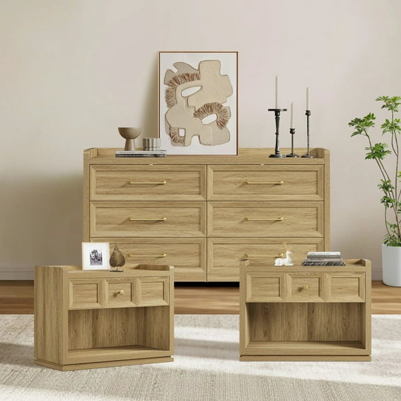 SICOTAS Farmhouse Dresser and Nightstand 3 Piece Set, 56.4"W 6 Drawer Dresser, 26" W Nightstand Set of 2 with Large Drawer & Open Shelves, Modern Bedroom Furniture Set, Brown Oak
