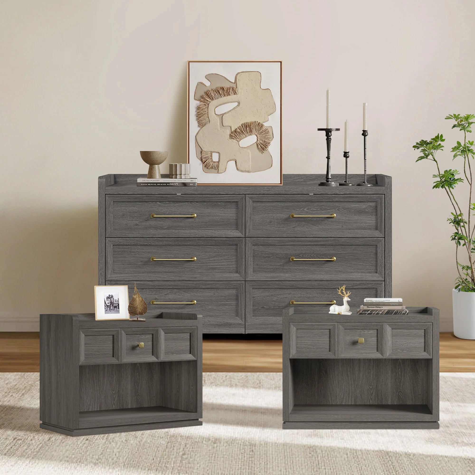 SICOTAS Farmhouse Dresser and Nightstand 3 Piece Set, 56.4