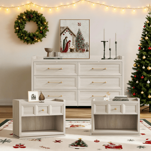 SICOTAS Farmhouse Dresser and Nightstand 3 Piece Set, 56.4"W 6 Drawer Dresser, 26" W Nightstand Set of 2 with Large Drawer & Open Shelves, Modern Bedroom Furniture Set, White Oak