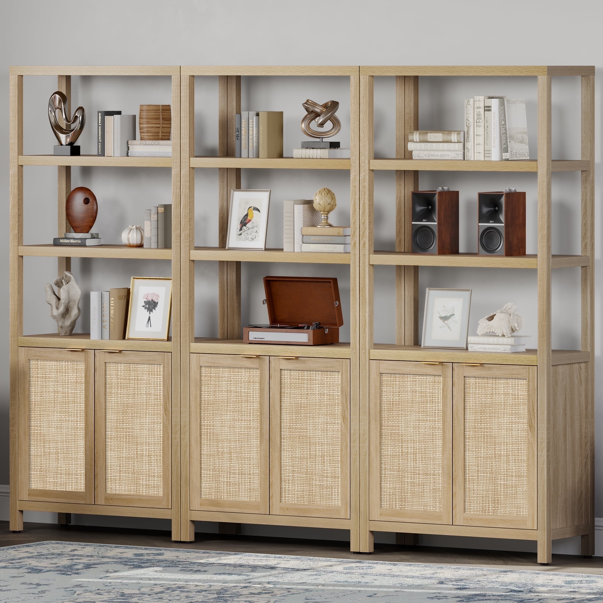 SICOTAS 71" Tall Bookcase with Doors, Boho 5 Tier Rattan Bookshelf Set of 3, Mid-Century Bookcase with Storage Cabinet for Living Room, Bedroom, Library & Home Office in Light Oak