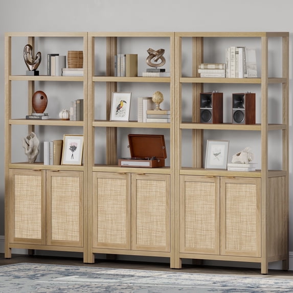 SICOTAS 71" Tall Bookcase with Doors, Boho 5 Tier Rattan Bookshelf Set of 3, Mid-Century Bookcase with Storage Cabinet for Living Room, Bedroom, Library & Home Office in Light Oak