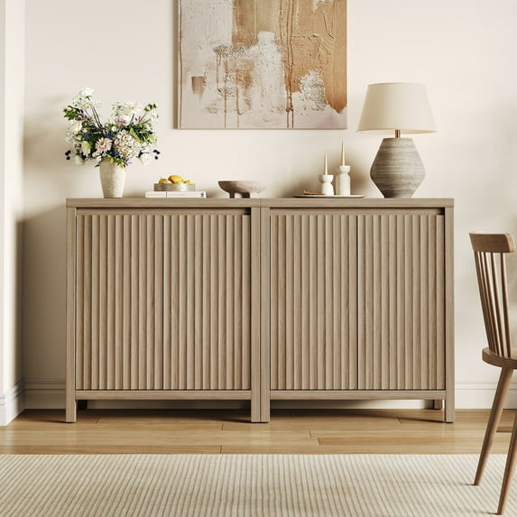 SICOTAS 29.1"W Mid Century Modern Sideboard Buffet Cabinet Set of 2 with Fluted Doors, Small Farmhouse Credenza with Adjustable Shelves Modular Storage Cabinets for Dining Room, Living Room, Oak