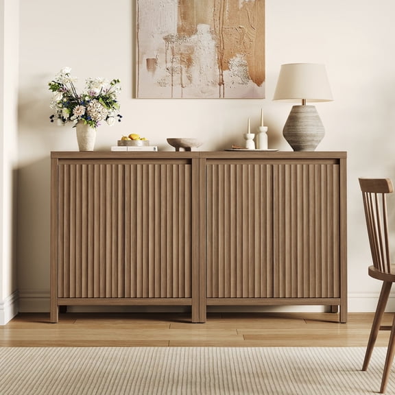SICOTAS 29.1"W Mid Century Modern Sideboard Buffet Cabinet Set of 2 with Fluted Doors, Small Farmhouse Credenza with Adjustable Shelves Modular Storage Cabinets for Dining Room, Living Room, Walnut