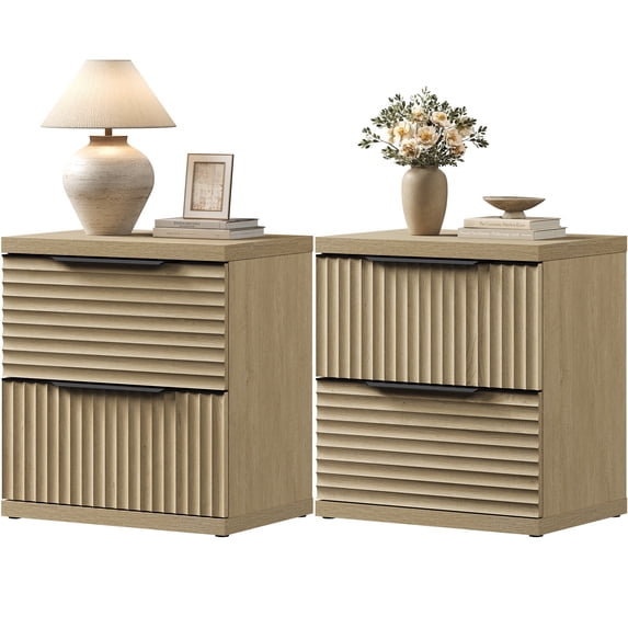 SICOTAS Farmhouse Fluted 2 Drawer Nightstands for Bedroom Set of 2, Small Wooden Bedside Tables with Drawers & Black Handles, End Table for Living Room in Natural Oak