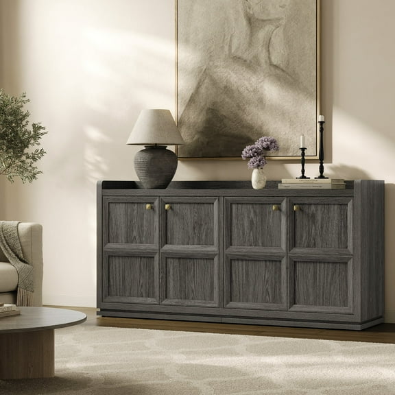 SICOTAS 62"W Large Kitchen Storage Cabinets with 4 Doors, Farmhouse Coffee Bar Station with Adjustable Shelves, Sideboard Buffet Cabinet for Dining Room, Console Cabinet for Living Room, Dark Grey