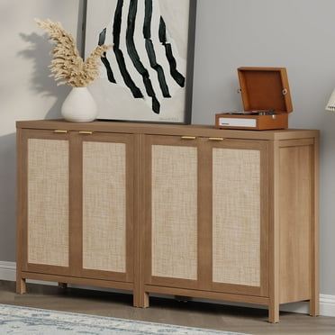 SICOTAS 34.3"W Rattan Sideboard Buffet Cabinet Set of 2, Kitchen Credenzas with 2 Doors & Adjustable Shelves, Console Table with Storage Cabinets for Living Dining Room, Oak