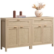 SICOTAS 30 Sideboards Buffets Cabinets with Drawer Set of 2, Boho Rattan Kitchen Storage Cabinets with Adjustable Shelves, Coffee Bar Station in Light Oak