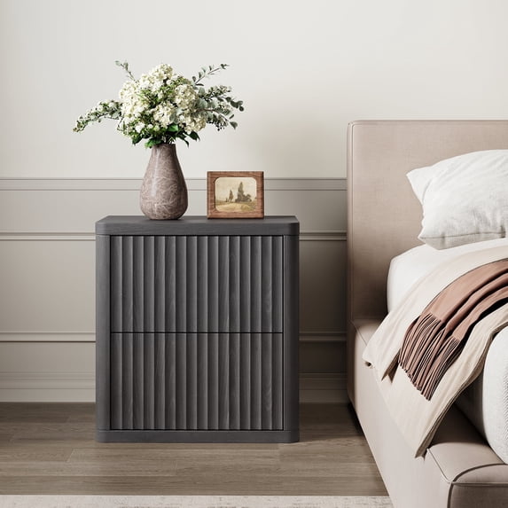 SICOTAS Fluted 2 Drawer Nightstand, 22.75" W Small Modern Bedside Table with Large Handless Drawers, Curved Edge Design, Wooden End Table for Bedroom, Living Room, Black Alder