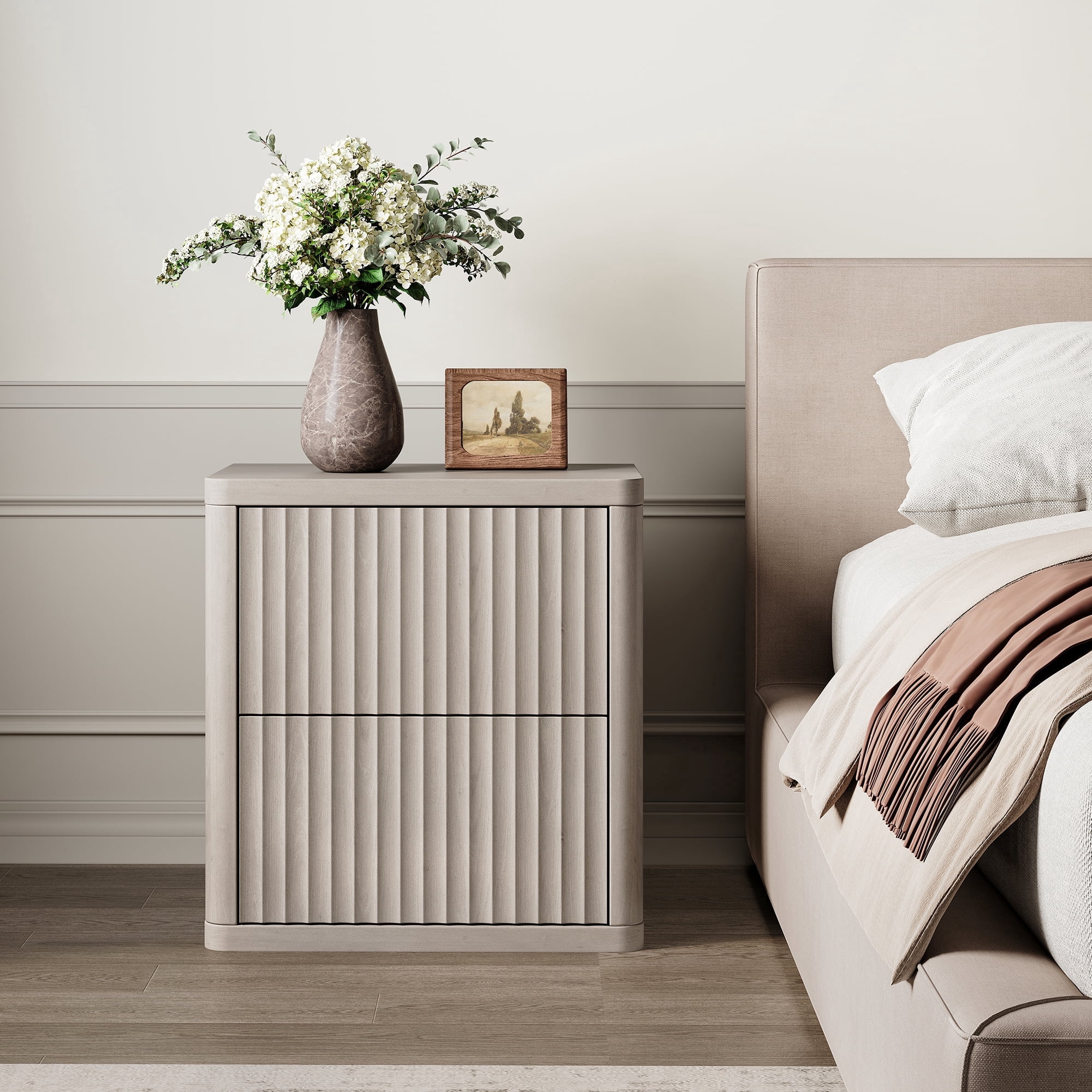 SICOTAS Fluted 2 Drawer Nightstand, 22.75" W Small Modern Bedside Table with Large Handless Drawers, Curved Edge Design, Wooden End Table for Bedroom, Living Room, Grey