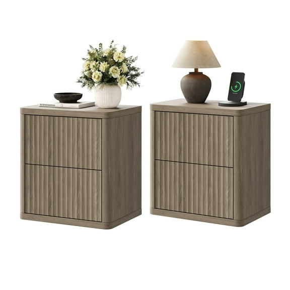 SICOTAS Fluted 2 Drawer Nightstand Set of 2, 22.75" W Small Modern Bedside Table with Large Handless Drawers, Curved Edge Design, Wooden End Table for Bedroom, Living Room, Dark Grey