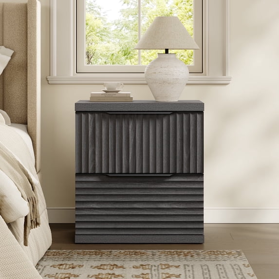 SICOTAS Fluted 2 Drawer Nightstands for Bedroom, Modern Wooden Bedside Tables with Drawers & Black Handles, Black