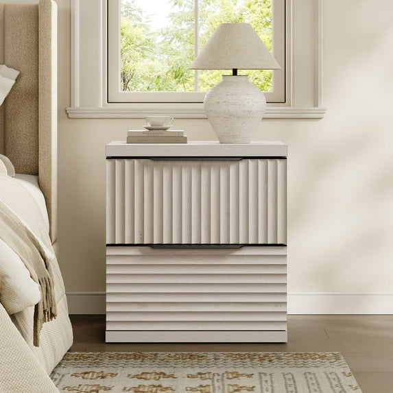 SICOTAS Fluted 2 Drawer Nightstands for Bedroom, Modern Wooden Bedside Tables with Drawers & Black Handles, Light Grey