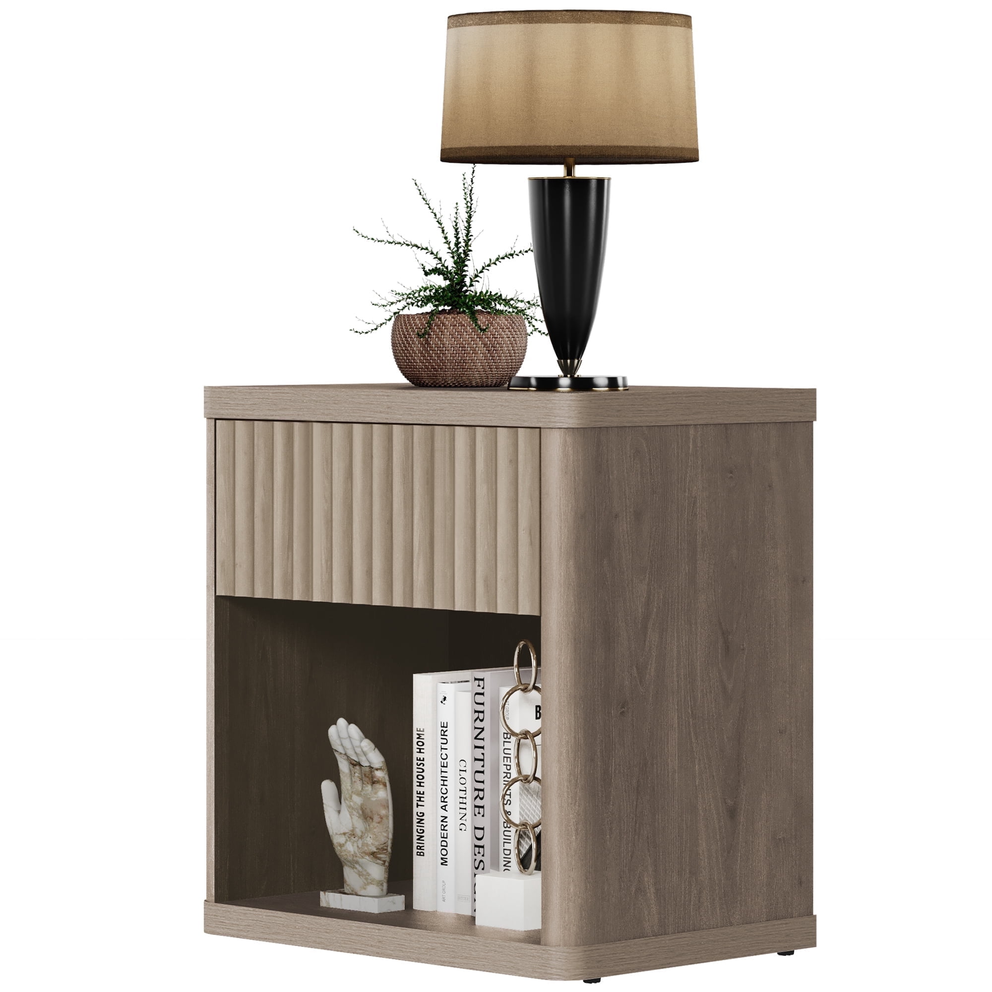 SICOTAS Fluted Nightstands for Bedroom, Farmhouse Bedside Tables with Drawer & Open Shelf,  Wood End Table for Living Room in Grey