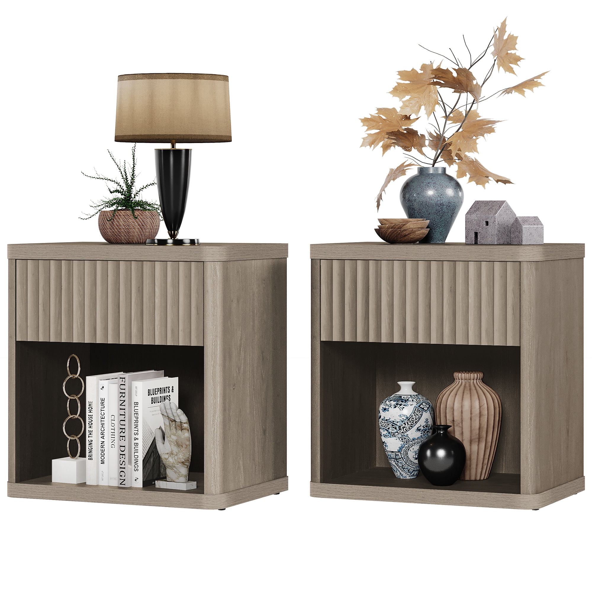 SICOTAS Gray Nightstands Set of 2 with Drawer Modern Engineered Wood Bedside Table End Table for Bedroom Living Room Office