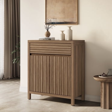SICOTAS 29.1"W Mid Century Modern Sideboard Buffet Cabinet with Drawers & Fluted Doors, Small Farmhouse Credenza with Adjustable Shelves Modular Storage Cabinets for Dining Room, Living Room, Walnut