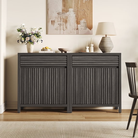 SICOTAS Farmhouse Buffet Sideboard Cabinet with Drawers, 29" W Fluted Coffee Bar with Adjustable Shelves, Small Modular Storage Cabinet Set of 2 for Dining Room, Living Room, Entryway, Dark Grey