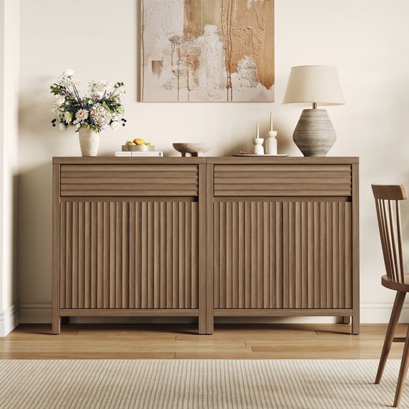 SICOTAS 29.1"W Mid Century Modern Sideboard Buffet Cabinet with Drawers & Fluted Doors, Small Credenza with Adjustable Shelves Modular Storage Cabinets Set of 2 for Dining Room, Living Room, Walnut
