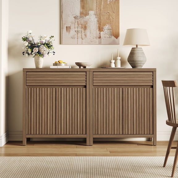 SICOTAS 29.1"W Mid Century Modern Sideboard Buffet Cabinet with Drawers & Fluted Doors, Small Credenza with Adjustable Shelves Modular Storage Cabinets Set of 2 for Dining Room, Living Room, Walnut
