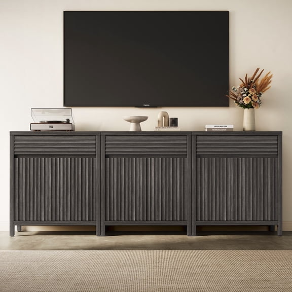 SICOTAS Farmhouse Buffet Sideboard Cabinet with Drawers, 29" W Fluted Coffee Bar with Adjustable Shelves, Small Modular Storage Cabinet Set of 3 for Dining Room, Living Room, Entryway, Dark Grey