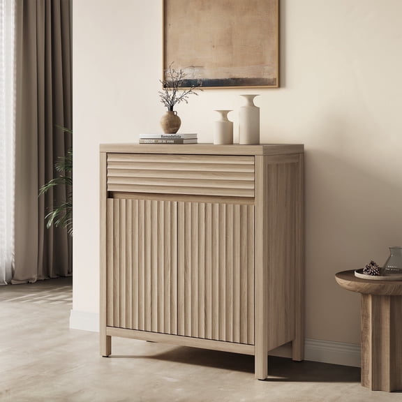 SICOTAS Farmhouse Buffet Sideboard Cabinet with Drawers and 2 Doors, 29" W Fluted Coffee Bar with Adjustable Shelves, Small Modular Storage Cabinet for Dining Room, Living Room, Entryway, Oak