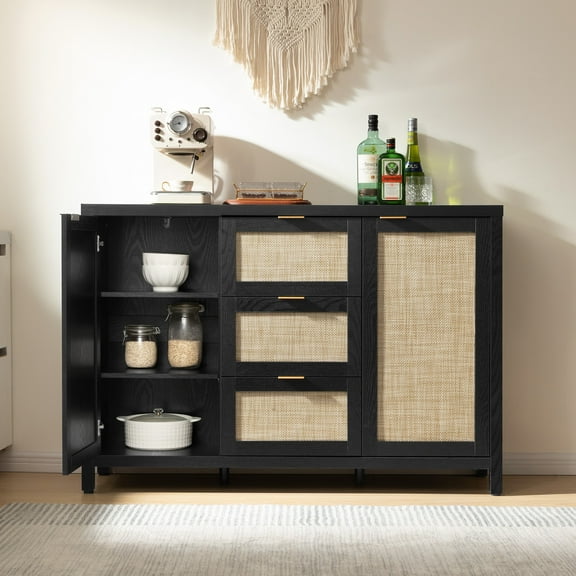 SICOTAS 52" W Large Rattan Sideboard Buffet Cabinet with 3 Drawers and 2 Doors, Boho Long Credenza Cabinet for Dining Room, Coffee Bar Table with Storage for Living Room, Entryway, Black