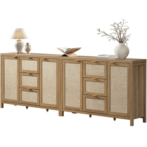 SICOTAS 52 inch Kitchen Storage Cabinets Set of 2, Farmhouse Rattan Credenza Sideboard Buffet with 3 Drawers and 2 Doors, Boho Console Table, Coffee Bar Cabinets for Dining Room, Oak