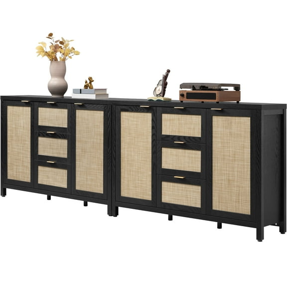 SICOTAS 52 inch Kitchen Storage Cabinets Set of 2, Farmhouse Rattan Credenza Sideboard Buffet with 3 Drawers and 2 Doors, Boho Console Table, Coffee Bar Cabinets for Dining Room, Black Oak