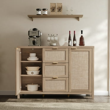 SICOTAS 52" W Large Rattan Sideboard Buffet Cabinet with 3 Drawers and 2 Doors, Boho Long Credenza Cabinet for Dining Room, Coffee Bar Table with Storage for Living Room, Entryway, Light Oak