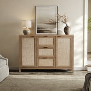 SICOTAS Kitchen Storage Cabinets, Farmhouse Rattan Credenza Sideboard Buffet with 3 Drawers and 2 Doors, Boho Console Table Coffee Bar Cabinets for Dining Room or Living Room, Oak