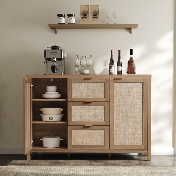 SICOTAS 52" W Large Rattan Sideboard Buffet Cabinet with 3 Drawers and 2 Doors, Boho Long Credenza Cabinet for Dining Room, Coffee Bar Table with Storage for Living Room, Entryway, Oak