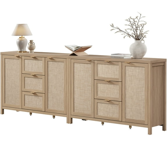 SICOTAS 52 inch Kitchen Storage Cabinets Set of 2, Farmhouse Rattan Credenza Sideboard Buffet with 3 Drawers and 2 Doors, Boho Console Table, Coffee Bar Cabinets for Dining Room, Light Oak