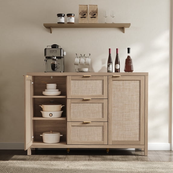 SICOTAS 52" W Large Rattan Sideboard Buffet Cabinet with 3 Drawers and 2 Doors, Boho Long Credenza Cabinet for Dining Room, Coffee Bar Table with Storage for Living Room, Entryway, Light Oak