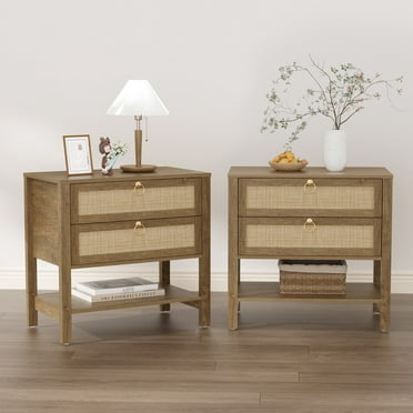 SICOTAS Large Nightstand Set of 2 for Small Spaces, Rattan Night Stands with 2 Drawers and Storage Shelf, Boho Bedside Table Artificial Wood End Table for Bedroom Living Room Hallway, Cherry Oak