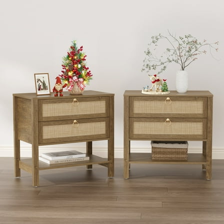 SICOTAS Large Nightstand Set of 2 for Small Spaces, Rattan Night Stands with 2 Drawers and Storage Shelf, Boho Bedside Table Artificial Wood End Table for Bedroom Living Room Hallway, Cherry Oak