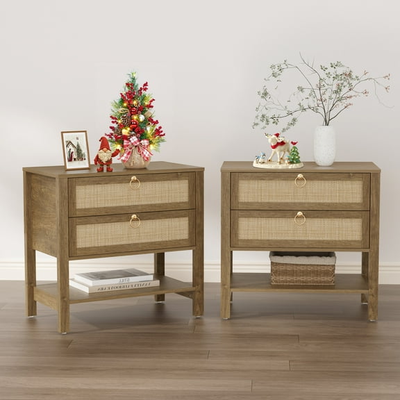 SICOTAS Large Nightstand Set of 2 for Small Spaces, Rattan Night Stands with 2 Drawers and Storage Shelf, Boho Bedside Table Artificial Wood End Table for Bedroom Living Room Hallway, Cherry Oak