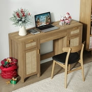 SICOTAS 52" Rattan Computer Desk with 3 Drawers & 2 Storage Cabinets, Boho Executive Desk, Modern Writing Desk for Home Office Bedroom, Oak