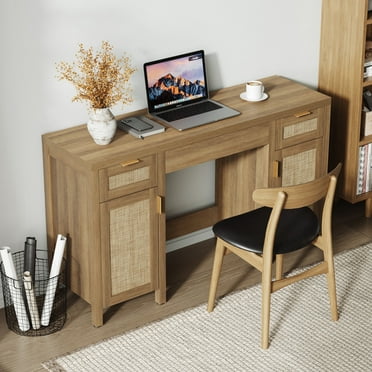 SICOTAS 52" Rattan Computer Desk with 3 Drawers & 2 Storage Cabinets, Boho Executive Desk, Modern Writing Desk for Home Office Bedroom, Oak