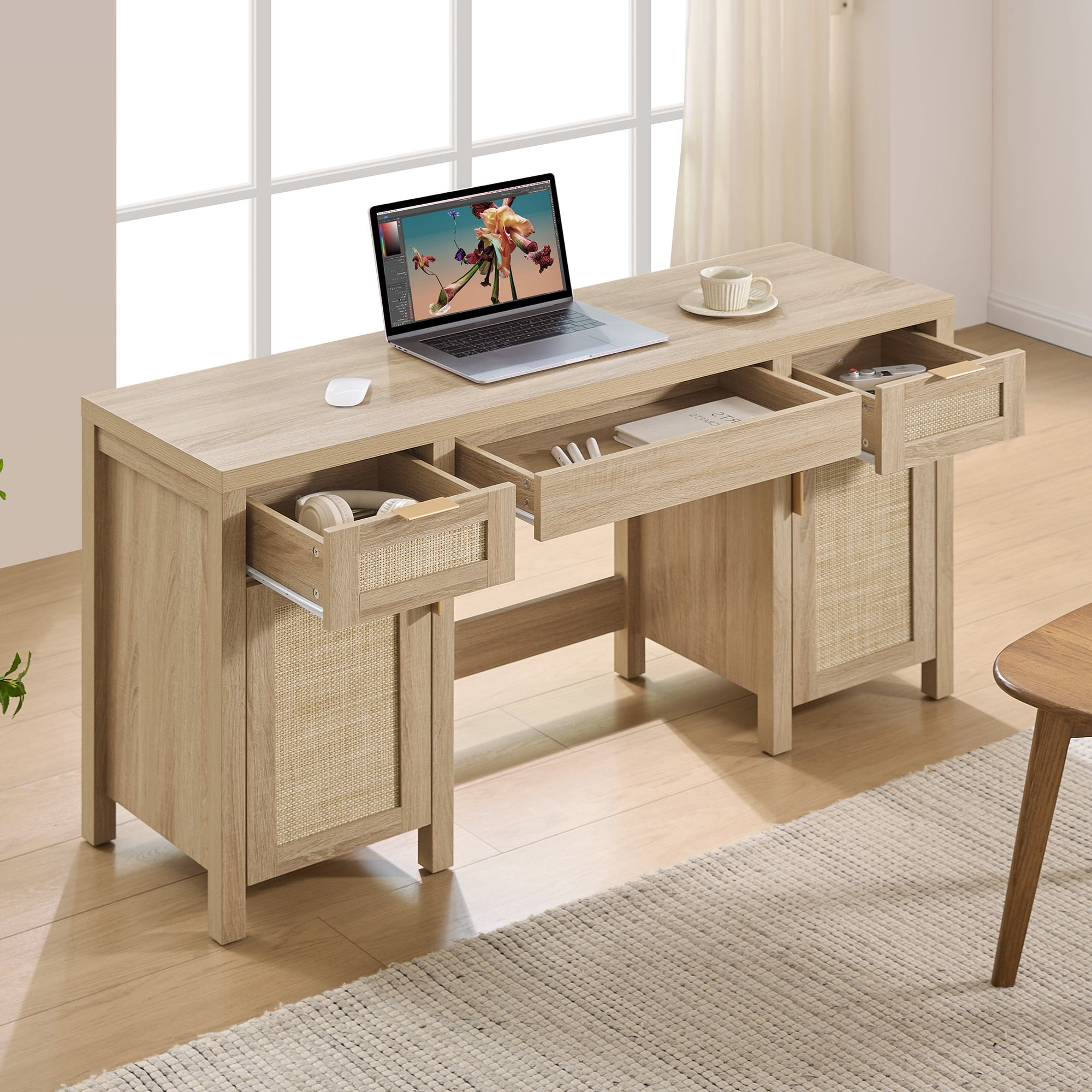 SICOTAS 52" Rattan Computer Desk with 3 Drawers & 2 Storage Cabinets, Boho Executive Desk, Modern Writing Desk for Home Office Bedroom, Light Oak