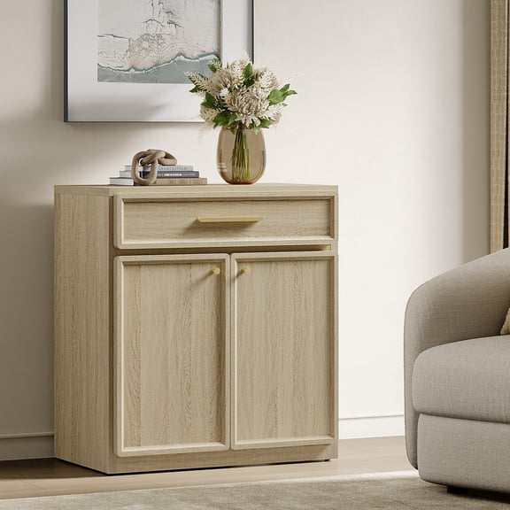 SICOTAS Modern Sideboard Buffet Cabinet Storage with Drawer & 2 Doors, Small 30" Farmhouse Credenzas with Adjustable Shelves, Modular Cabinet for Living Room/Entryway/Dining Room, Oak