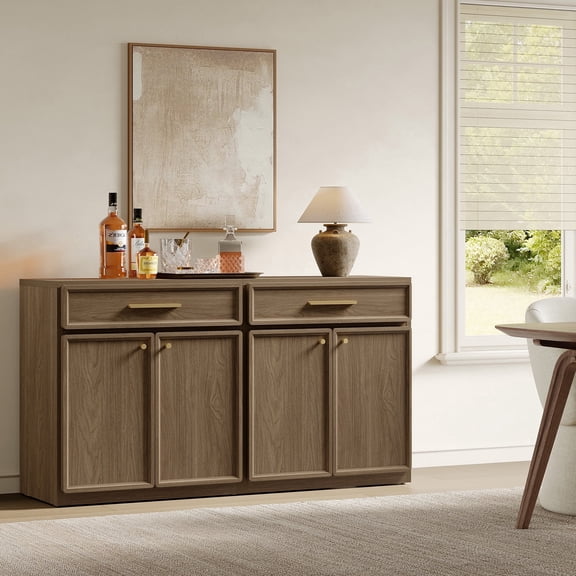 SICOTAS Mid Century Modern Sideboard Buffet Cabinet Storage Set of 2, Small 30" Farmhouse Credenzas with Drawer & 2 Doors, Modular Cabinet for Living Room/Entryway/Dining Room, Walnut