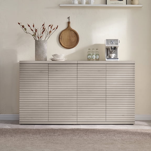 SICOTAS Fluted Kitchen Storage Cabinet Set of 2, 62" Modern Coffee Bar Station with 4 Doors & Adjustable Shelves, Side Cabinets for Dining Room, Living Room, Entryway in Light Grey