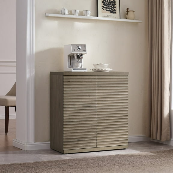 SICOTAS 33.7" Tall Fluted Credenza Sideboard Cabinet with 2 Doors, 31"W Small Modern Coffee Bar Station with Adjustable Shelves, Side Storage Cabinets for Dining Room, Living Room, Entryway in Grey